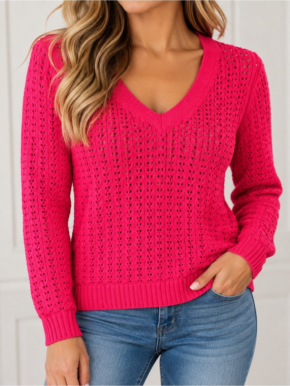 Talbots Open-Knit V-Neck Sweater in Hot Pink